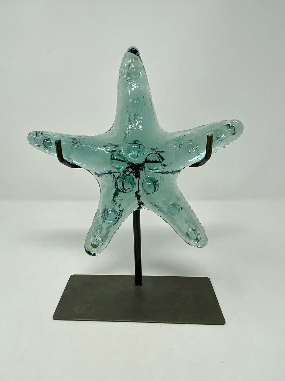 Handblown Aqua Glass Starfish Sculpture on Metal Stand